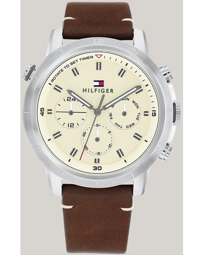 Tommy Hilfiger Parchment Dial Brown Leather Strap Sports Watch - Natural