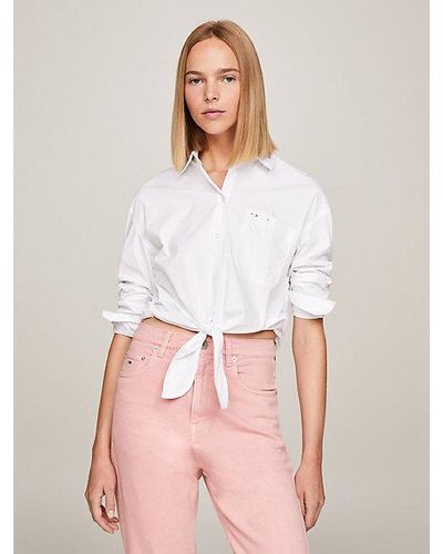 Tommy Hilfiger Cropped Relaxed Fit Overhemd Met Strikdetail - Wit