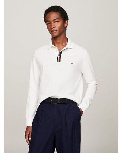 Tommy Hilfiger Global Stripe Regular Fit Langarm-Poloshirt mit Knopfleiste - Weiß