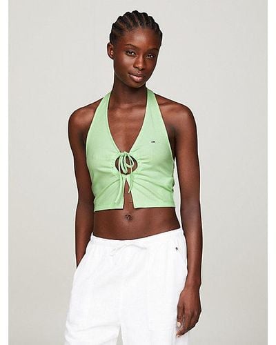 Tommy Hilfiger Cropped Ribgebreide Tanktop Met Halternek - Groen