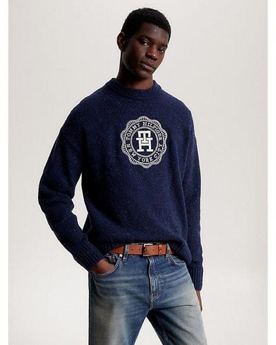 Tommy Hilfiger TH Monogram Oversized Fit Donegal-Pullover - Blau