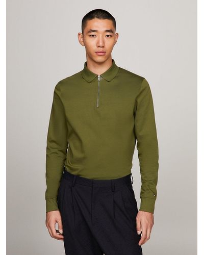 Tommy Hilfiger Zip Placket Regular Fit Long Sleeve Polo - Green