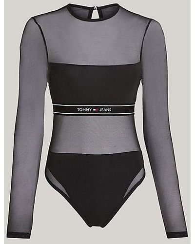 Tommy Hilfiger Langarm-Body mit Mesh-Einsatz und Logo - Grau