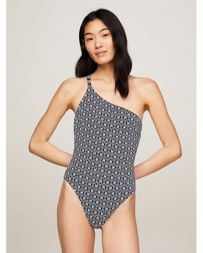Tommy Hilfiger Th Monogram Reversible One-shoulder One-piece Swimsuit - Grey