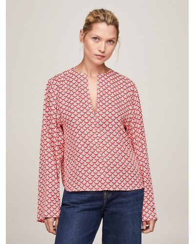 Tommy Hilfiger Geometric Print V-neck Relaxed Fit Blouse - Red
