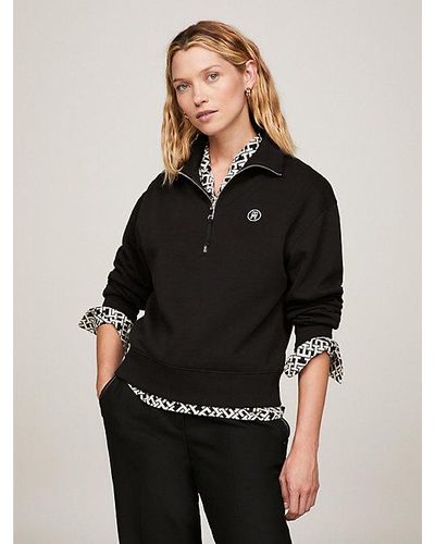 Tommy Hilfiger Cropped Sweatshirt Met Rits En Th-monogram - Zwart