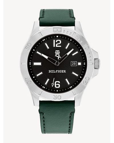 Tommy Hilfiger Reloj con correa de piel verde y esfera negra - Gris