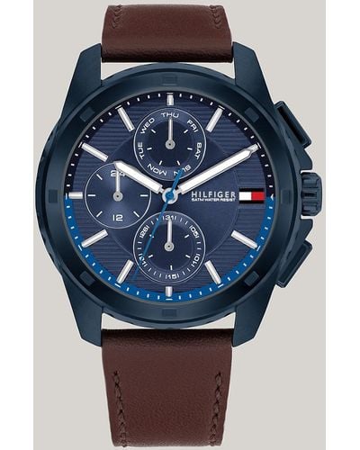 Tommy Hilfiger Navy Ionic-plated Brown Leather Strap Watch - Blue
