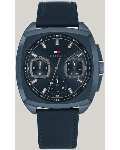 Tommy Hilfiger Ionic-plated Navy Leather Strap Square Watch - Blue