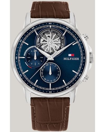 Tommy Hilfiger Navy Dial Brown Leather Strap Watch - Blue