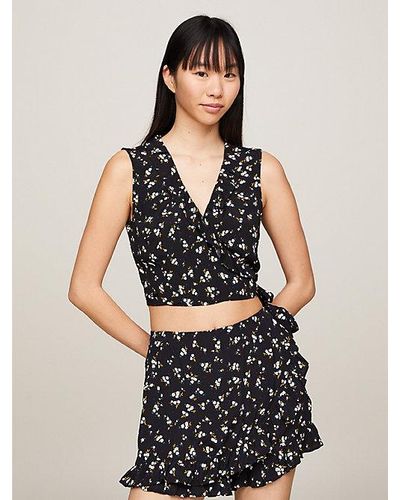 Tommy Hilfiger Wikkel-croptop Met Bloemenprint - Zwart