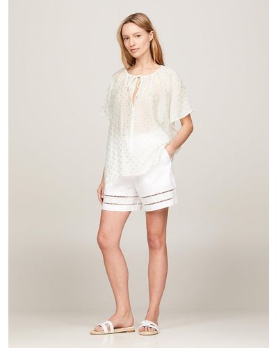 Tommy Hilfiger Metallic Embroidery Gathered Collar Relaxed Blouse - Natural