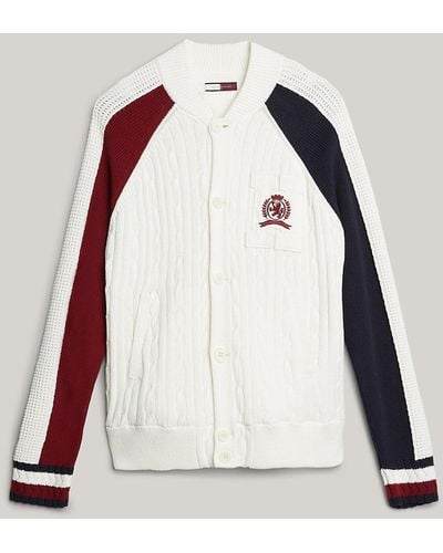 Tommy Hilfiger Varsity Crest Mixed Knit Relaxed Cardigan - White
