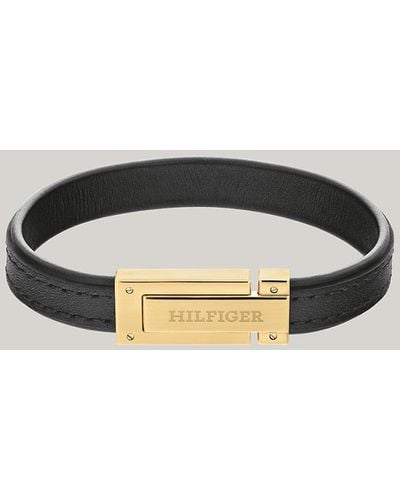 Tommy Hilfiger Bracelet en cuir noir à fermoir plaqué or