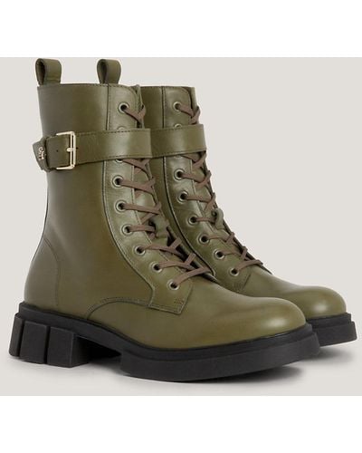 Tommy Hilfiger Leather Lace-up Cleat Biker Boots - Green
