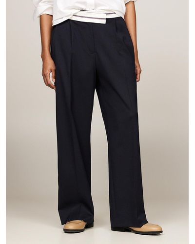 Tommy Hilfiger Crossover Waistband Pleated Wide Leg Trousers - Blue