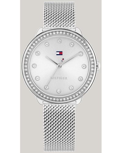 Tommy Hilfiger Stainless Steel Crystal-embellished Mesh Strap Watch - White