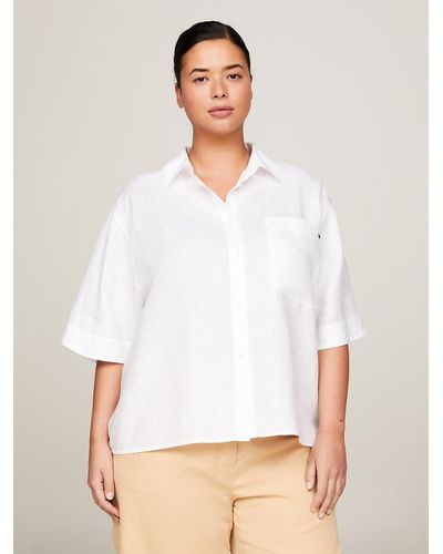 Tommy Hilfiger Curve Linen Relaxed Fit Short Sleeve Shirt - White