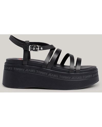 Tommy Hilfiger Strap Wedge Heel Leather Sandals - Black
