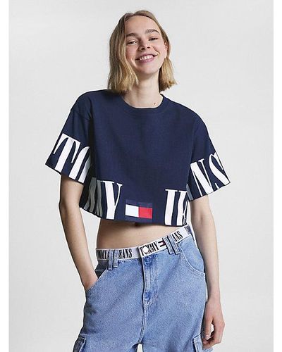 Tommy Hilfiger Oversized Fit Cropped T-shirt Met Logo - Blauw