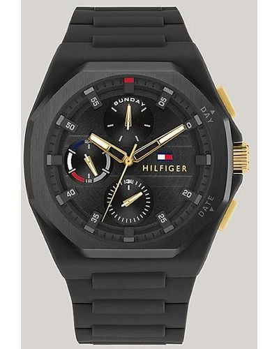 Tommy Hilfiger Schwarze Multifunktions-Uhr mit Silikon-Armband - Grau