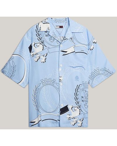 Tommy Hilfiger Crest Cuban Collar Relaxed Short Sleeve Shirt - Blue