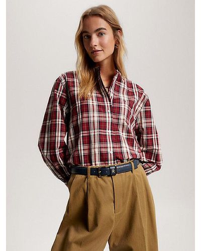 Tommy Hilfiger Cropped Overhemd Zonder Kraag Met Tartanruit - Rood