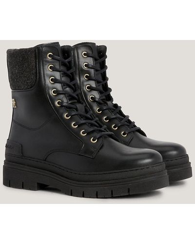 Tommy Hilfiger Contrast Felt Collar Leather Lace-up Boots - Black