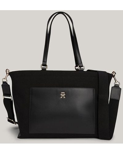Tommy Hilfiger Crossover Strap Mixed Texture Tote - Black