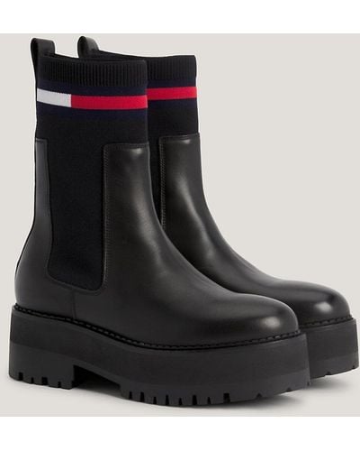Tommy Hilfiger Leather Flatform Chelsea Cleat Sock Boots - Black