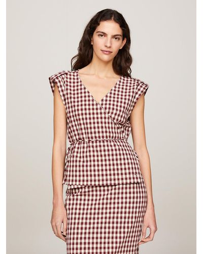 Tommy Hilfiger Gingham Check Relaxed Fit Wrap Top - Red