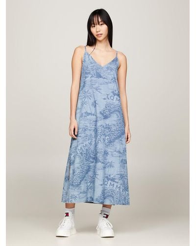 Tommy Hilfiger Hawaiian Print Chambray Sleeveless Maxi Dress - Blue