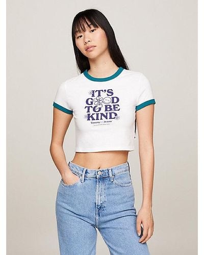 Tommy Hilfiger Slim Fit Cropped T-shirt Met Slogan - Wit