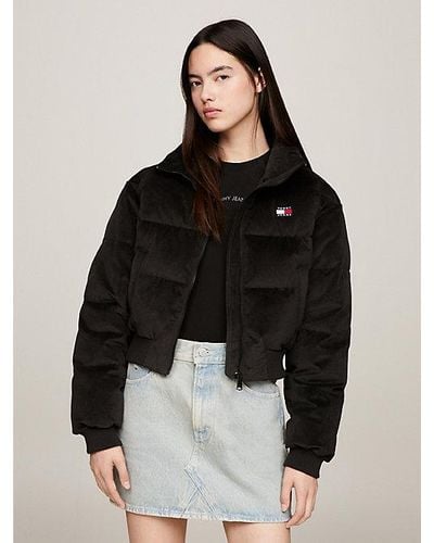 Tommy Hilfiger Cropped Fit Puffer-Jacke aus Samt - Schwarz