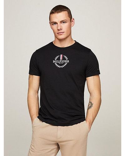 Tommy Hilfiger Slim T-shirt Met Embleem En Signature-streep - Zwart
