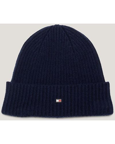 Tommy Hilfiger Elevated Cashmere Flag Plaque Beanie - Blue