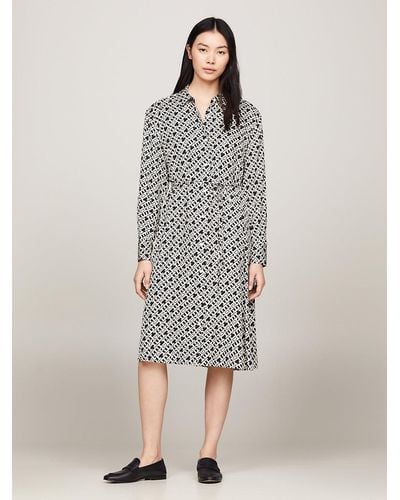 Tommy Hilfiger Th Monogram Belted Midi Shirt Dress - Grey