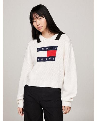 Tommy Hilfiger Cropped Boxy Fit Trui Met Vlagbadge - Wit