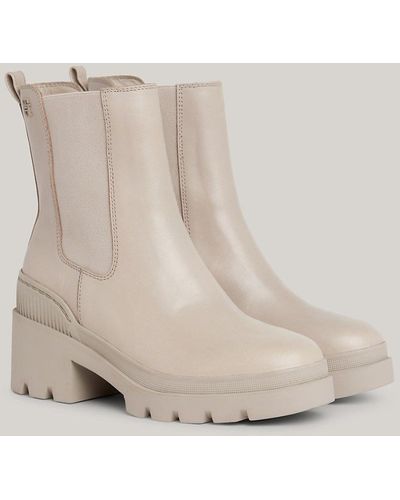 Tommy Hilfiger Leather Cleat Mid Block Heel Boots - Natural