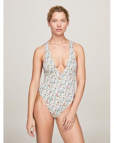 Tommy Hilfiger Th Monogram Plunge One-piece Swimsuit - Natural