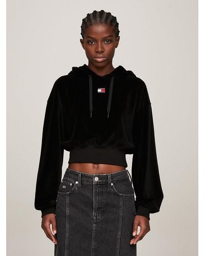 Tommy Hilfiger Velour Cropped Logo Hoody - Black