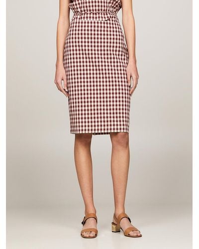 Tommy Hilfiger Th Monogram Gingham Knee Length Pencil Skirt - Red