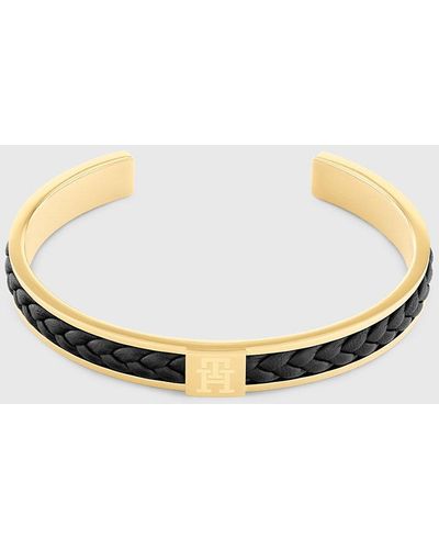 Tommy Hilfiger Bracelet jonc plaqué or et cuir tressé - Noir