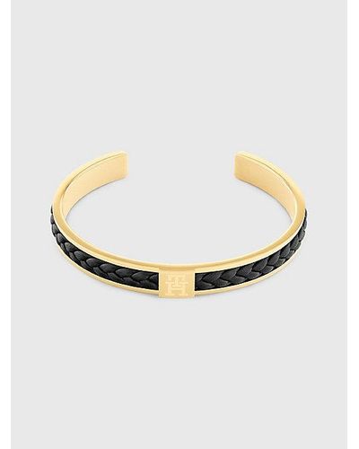 Tommy Hilfiger Pulsera rígida de acero chapado en oro y piel - Negro