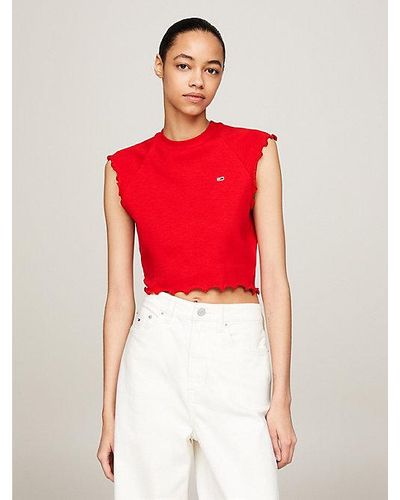 Tommy Hilfiger Essential Geribd Cropped T-shirt Met Ruches - Rood