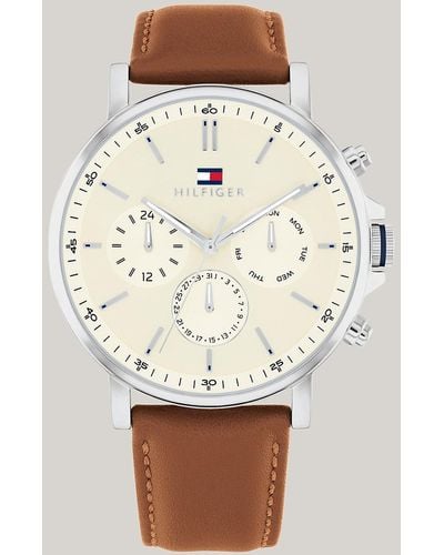 Tommy Hilfiger Parchment Dial Brown Leather Strap Watch - Natural