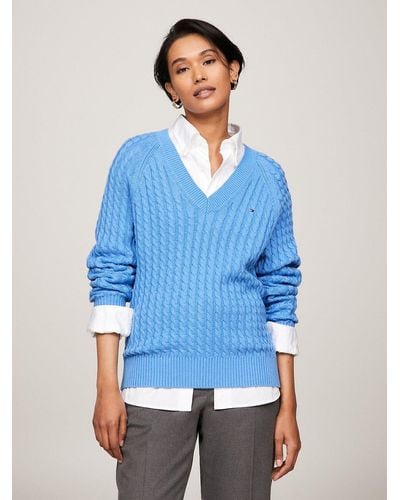 Tommy Hilfiger Cable Knit Relaxed V-neck Jumper - Blue
