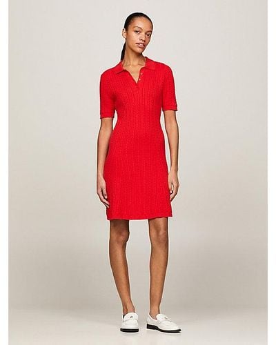 Tommy Hilfiger Polokleid CABLE &F POLO SS SWT DRESS mit Mini-Zopfmuster - Rot