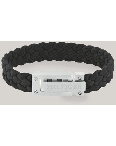 Tommy Hilfiger Logo Embossed Black Suede Braided Bracelet