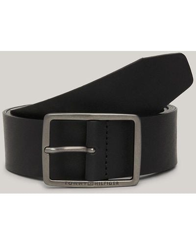 Tommy Hilfiger Logo Square Buckle Leather Belt - Black